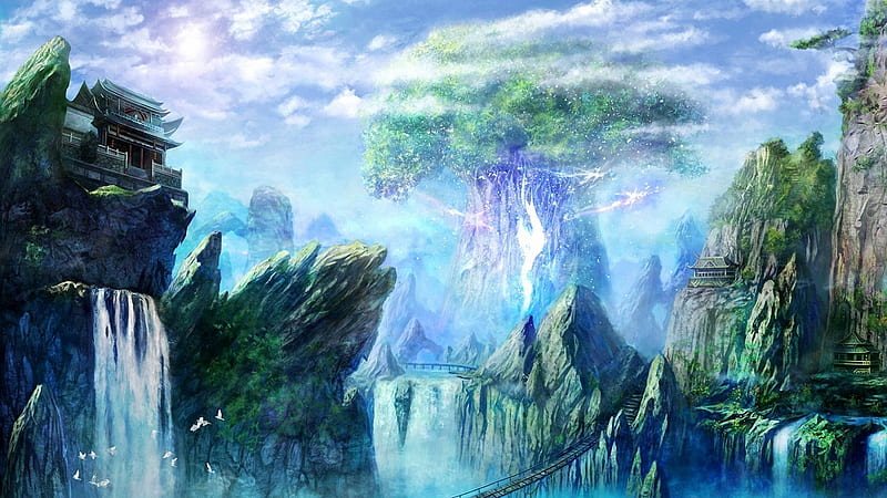 Fantasy Kingdom, bridges, birds, bonito, trees, waterfalls, fantasy, green, kingdom, castle, blue, HD wallpaper