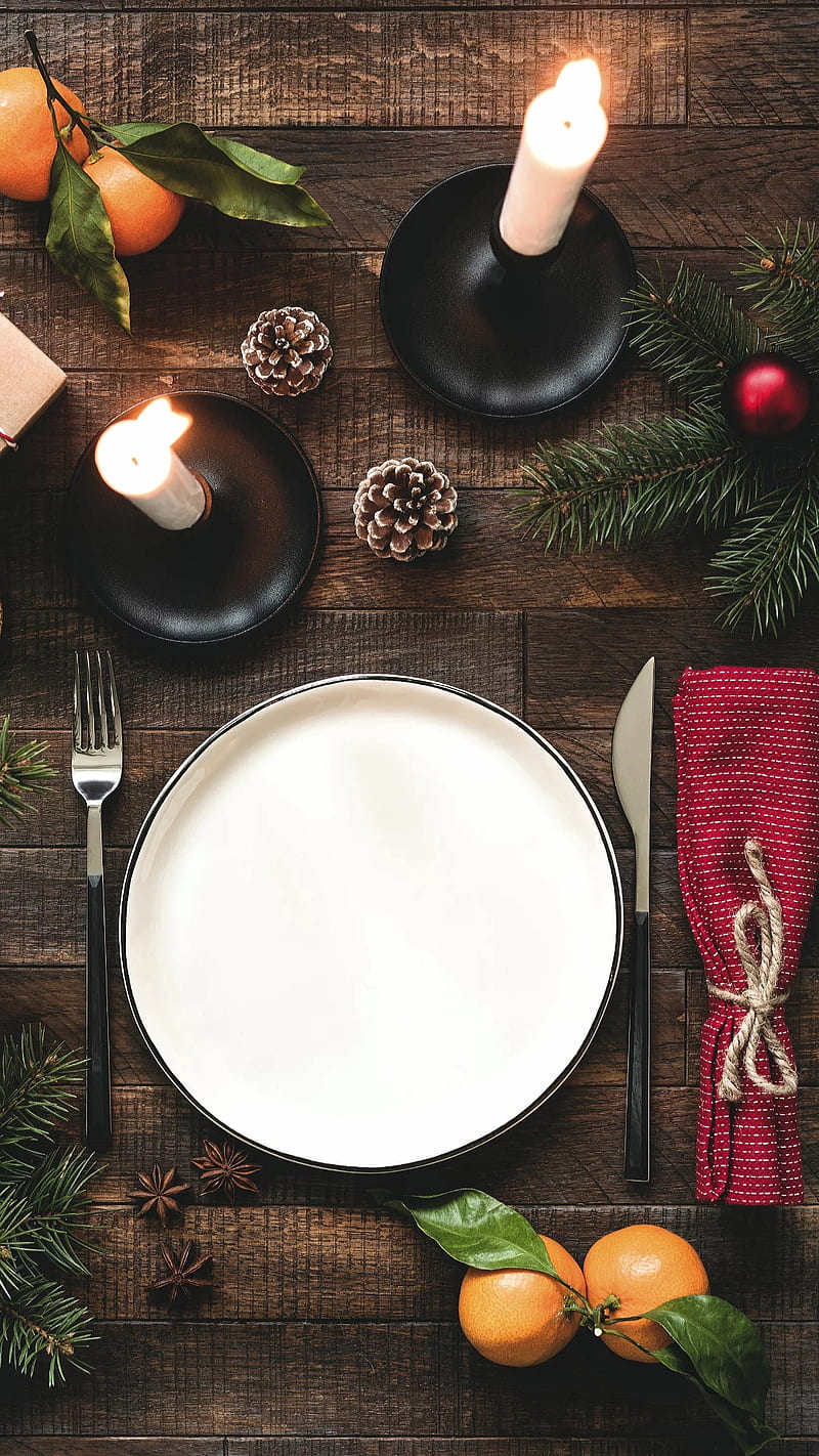 Christmas table, candels, light, spoon, mandarine, fruit, food ...