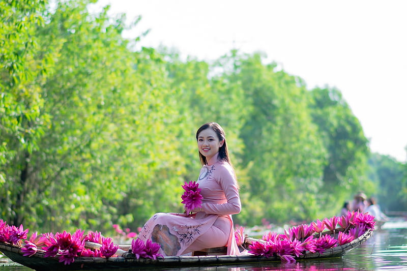 ლ, Boat, Flowers, Beauty, Asian, HD wallpaper