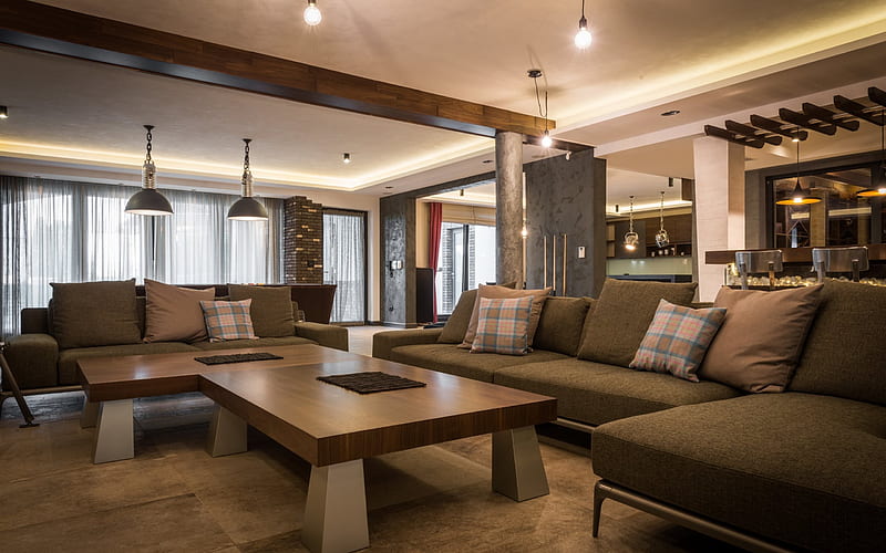 living room, modern design, wood paneling, sofa, modern interior, HD wallpaper
