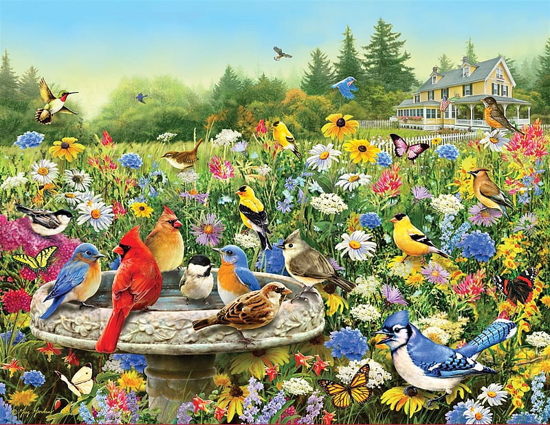 Birds and flowers, art, bird, painting, summer, garden, flower, pasari, pictura, vara, HD wallpaper
