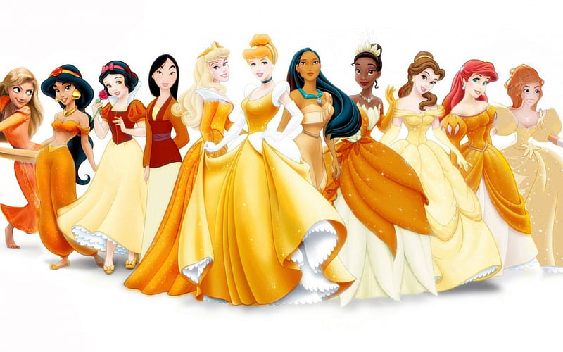 Disney princesses, red, dress, orange, yellow, woman, girl, white, princess, disney, HD wallpaper