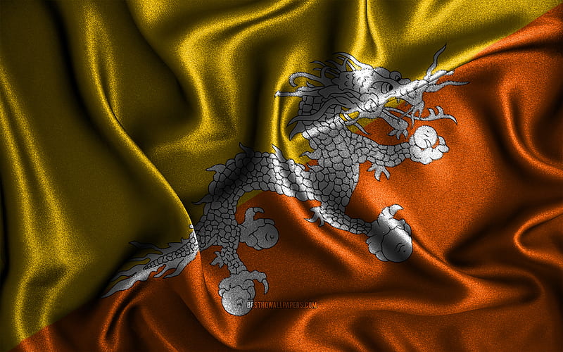 Bhutan flag silk wavy flags, Asian countries, national symbols, Flag of Bhutan, fabric flags, 3D art, Bhutan, Asia, Bhutan 3D flag, HD wallpaper