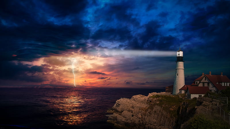 lighthouse, sunset, clouds, lightning, horizon, houses, cliff, Landscape, HD wallpaper