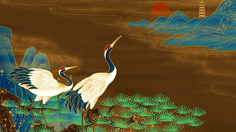 Cranes, painting, pasari, sunset, chinese, pictura, art, orange, water, bird, blue, HD wallpaper