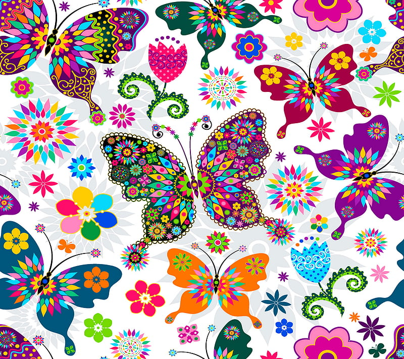 Butterflies, abstract, colorful, floral, flowers, vector, HD wallpaper