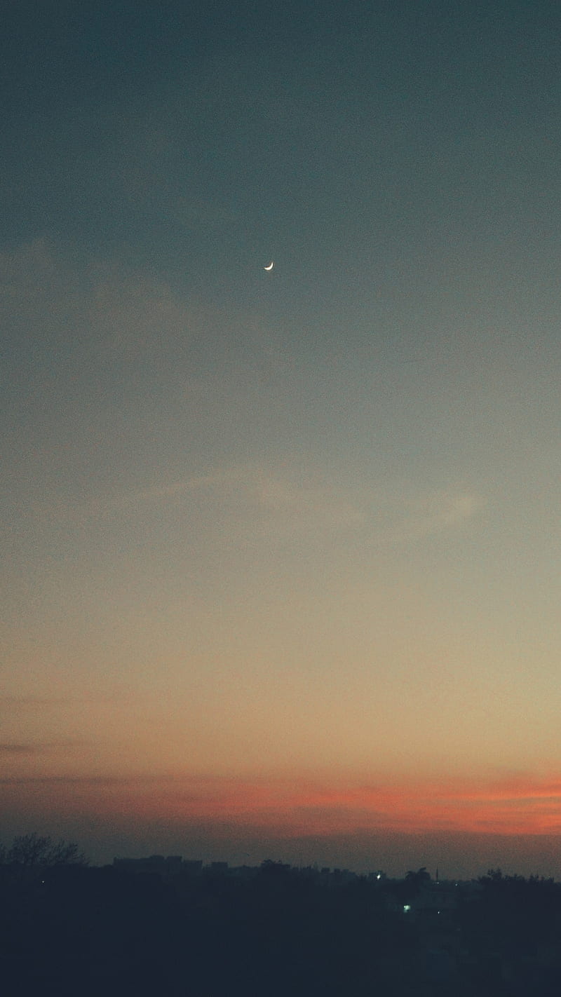 Simple sunset, Cloud, Moon, Trigraphy, aesthetic, bonito, buildings, clean, clouds, cloudysky, colourful, earth, evening, half moon, lights, minimal, minimalistic, rooftop, sky, trees, HD phone wallpaper