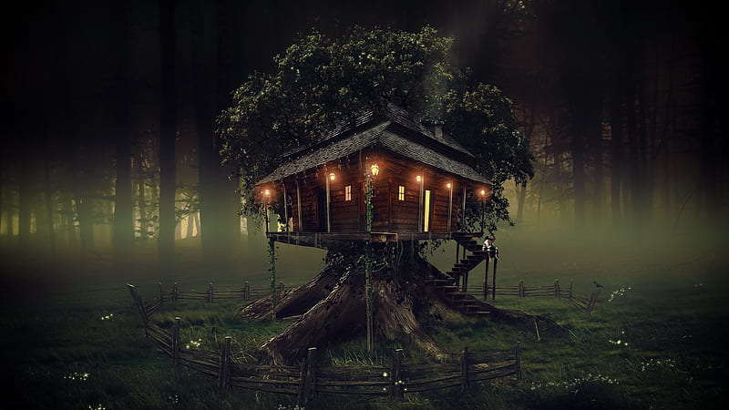Tree house, forest, fantasy, luminos, dark, lights, HD wallpaper