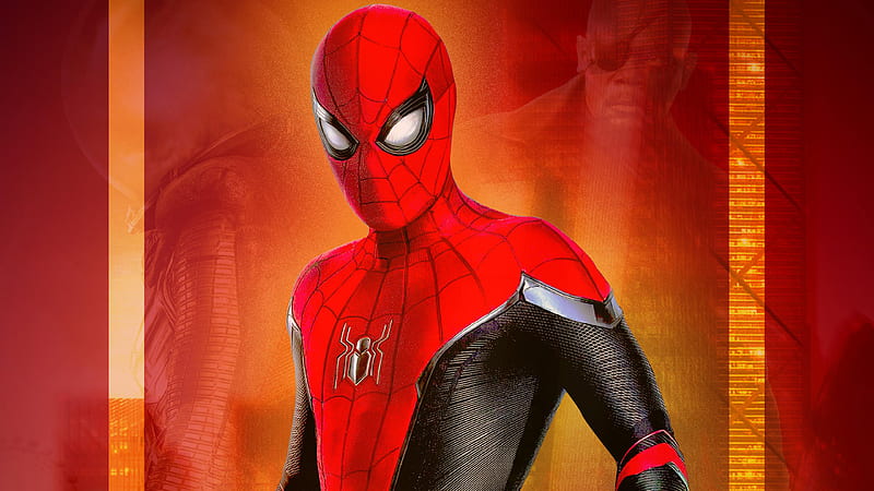Spider Man Far From Home Spider Man With Background Of Red And Yellow Spider Man Far From Home, HD wallpaper