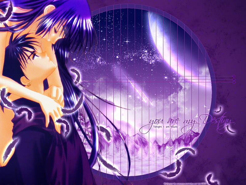 You Are My Destiny, female, male, cute, boy, moon, girl, purple, feather, anime, lover, inuyasha, anime girl, couple, HD wallpaper