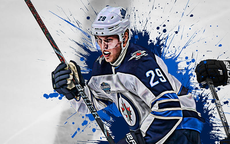 Patrik Laine, Finnish hockey player, Winnipeg Jets, striker, blue paint splashes, creative art, NHL, USA, hockey, National Hockey League, grunge, HD wallpaper