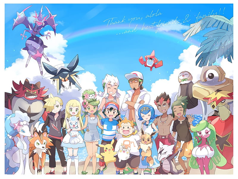 Pokémon, Ash Ketchum, Pikachu, Gladion (Pokémon), Mallow (Pokémon), Lana (Pokémon), Eevee (Pokémon), Lillie (Pokemon), Hau (Pokemon), Professor Kukui (Pokemon), Sophocles (Pokémon), Kiawe (Pokémon), Rotom (Pokémon), Rowlet (Pokémon), HD wallpaper