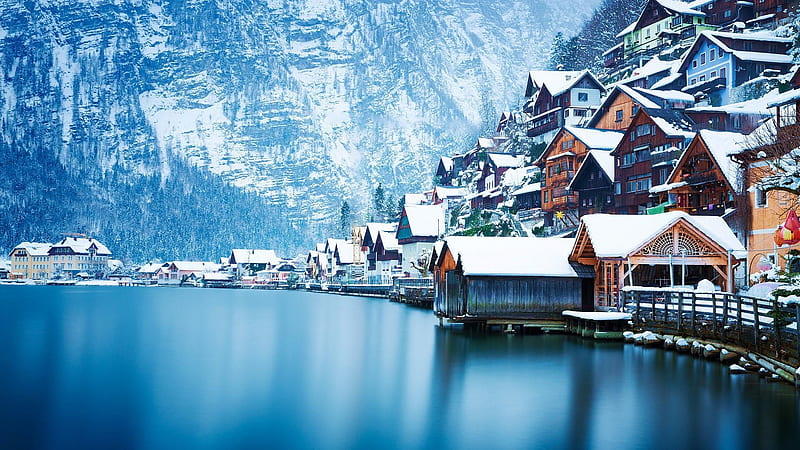 Snowy Houses on Lake Hallstatt, Austria, hills, snow, houses, village, mountins, winter, lake, HD wallpaper