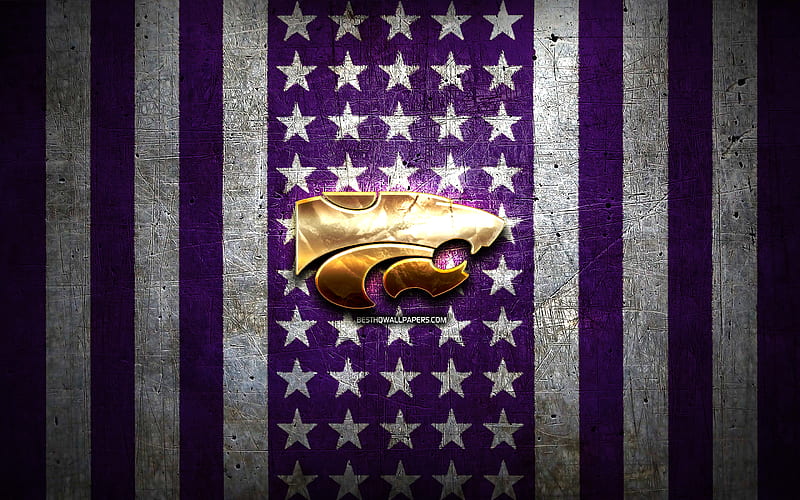 Kansas State Wildcats flag, NCAA, violet white metal background, american football team, Kansas State Wildcats logo, USA, american football, golden logo, Kansas State Wildcats, HD wallpaper