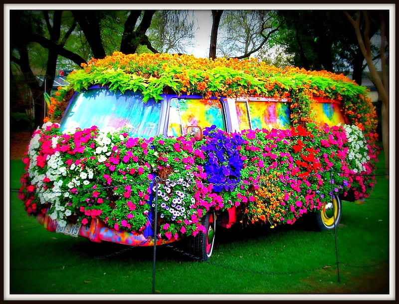 Flower power van, Love, Flower power, Peace, Van, Multicoloured, HD wallpaper