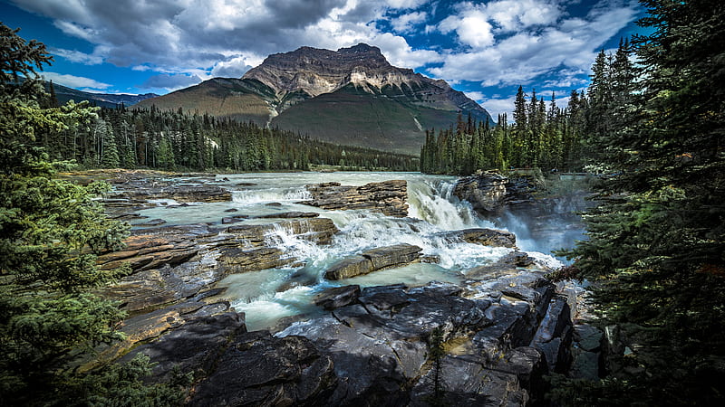 Alberta Athabasca Waterfall And Canadian Rockies Jasper National Park Mountain River Nature, HD wallpaper