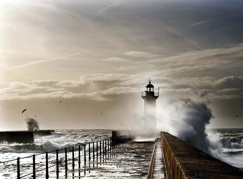 Crashing Wave, fence, pier, waves, seawall, sky, clouds, lighthouse, sea, brick, HD wallpaper