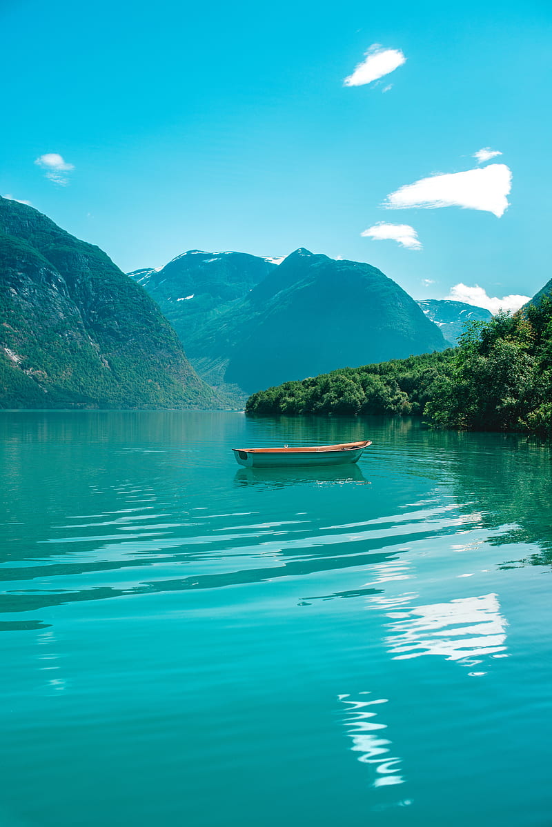 norway, lake, boat, mountains, trees, Nature, HD phone wallpaper