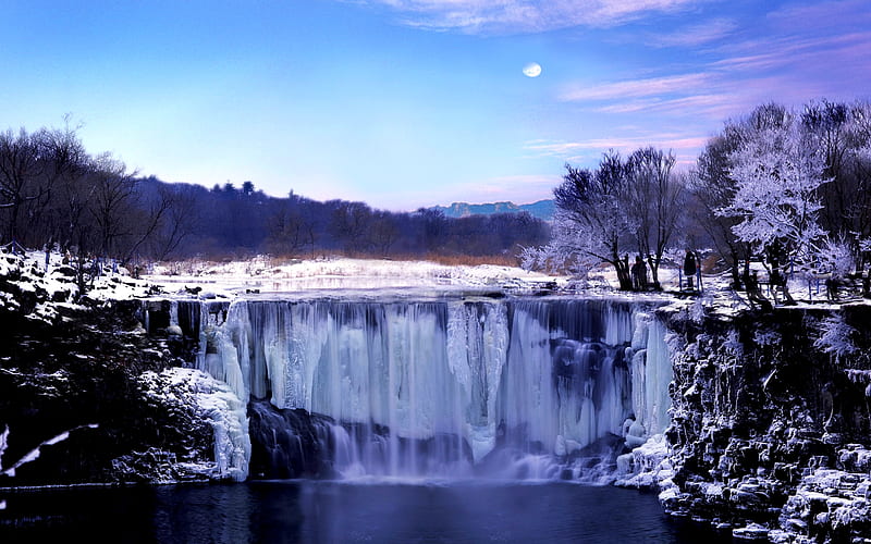 ICE FALLS, moon, ice, frozen, winter, falls, HD wallpaper