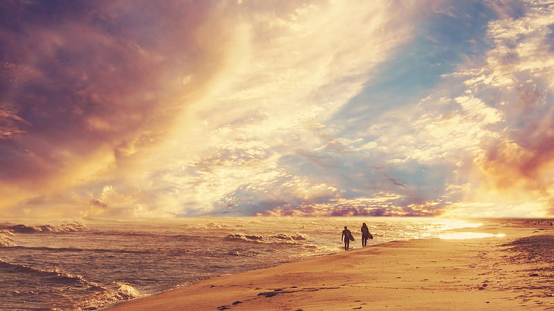 Surfer couple walking up a pleasant beach at sunset, surfer, sun, shore, golden, ocean, sunset, surfers, clouds, sea, beach, gold, water, golden hour, coastline, coast, couple, HD wallpaper
