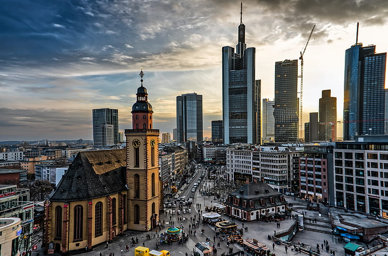 germany, frankfurt, cityscape, buildings, urban, people, downton, clock tower, City, HD wallpaper