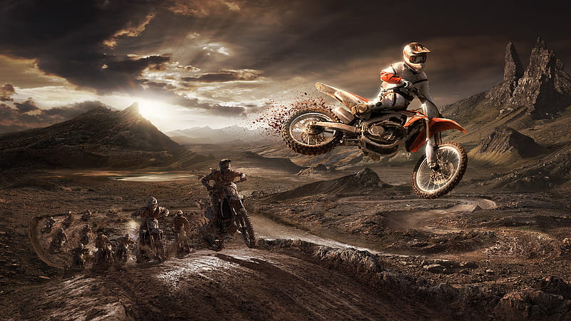 HONDA CRF 450R Riders Jumping From The Sand Mud, bikes, artist, digital-art, behance, HD wallpaper