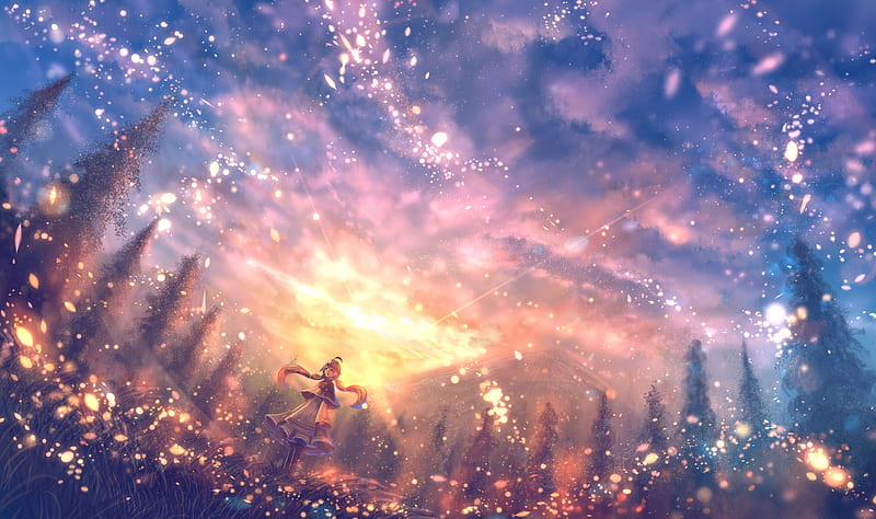 anime landscape, particles, scenic, pretty, bonito, anime girl, sunset, clouds, Anime, HD wallpaper