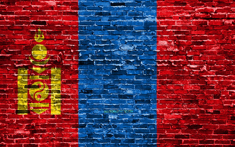 Mongolian flag, bricks texture, Asia, national symbols, Flag of Mongolia, brickwall, Mongolia 3D flag, Asian countries, Mongolia, HD wallpaper