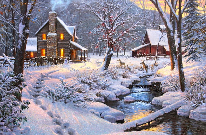 ★Warm & Cozy Living★, holidays, houses, love four seasons, attractions in dreams, xmas and new year, deer, paintings, bird, snow, winter holidays, HD wallpaper