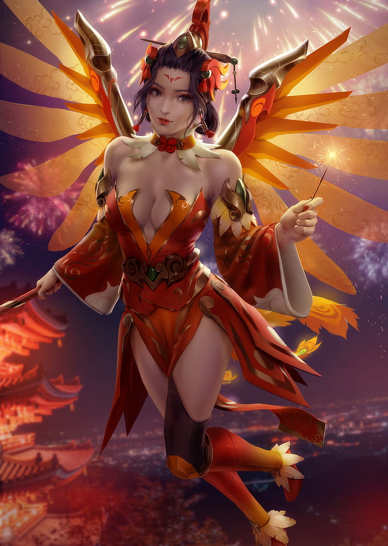 Mercy (Overwatch), Overwatch, video games, video game characters, video game girls, looking at the side, hair accessories, bare shoulders, dress, cleavage, detached sleeves, thigh-highs, brunette, Asian architecture, fireworks, depth of field, night, wings, fantasy girl, vertical, artwork, drawing, digital art, fan art, Zarory, HD phone wallpaper