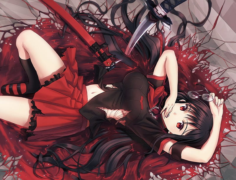Kisaragi Saya, boots, glasses, blood c, sweet, torn clothes, hot, necktie, weapon, sword, black hair, shirt, necklace, sexy, blood, laying back, cool, katana, uniform school, red eyes, laying, HD wallpaper