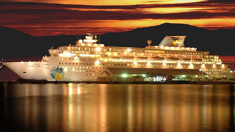 Island Star Cruise Ship With Background Of Sunset Cruise Ship, HD wallpaper