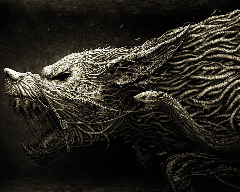 Gothic, fantasy, roots, snake, wolf, HD wallpaper