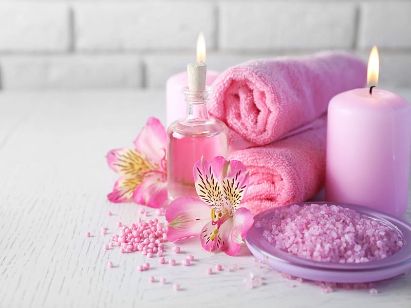 Spa - set, Pink, Towel, Flower, Candle, Oil, HD wallpaper | Peakpx