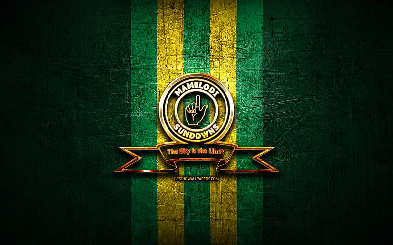 Mamelodi Sundowns FC, golden logo, Premier Soccer League, green metal background, football, Mamelodi Sundowns, PSL, South African football club, Mamelodi Sundowns logo, soccer, South Africa, HD wallpaper