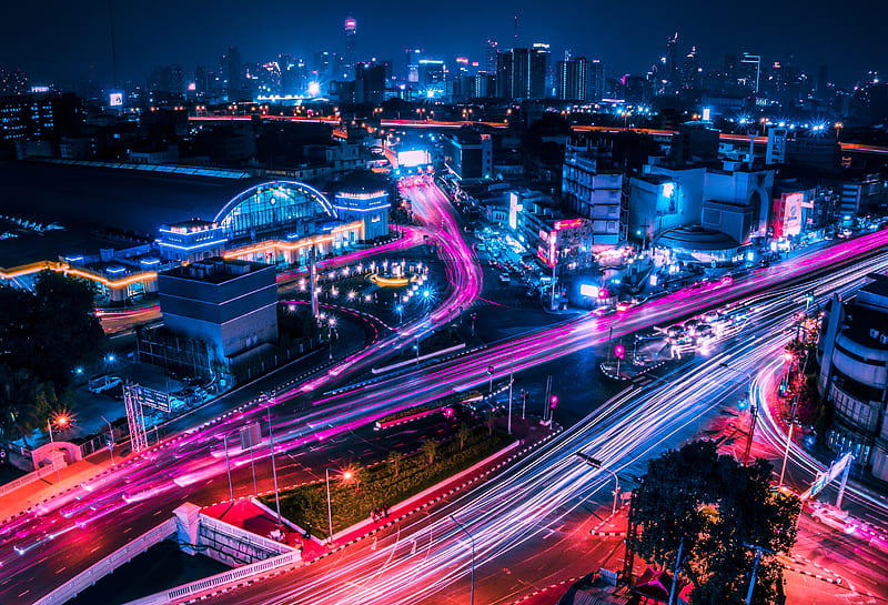 night city, city lights, architecture, bangkok, thailand, HD wallpaper