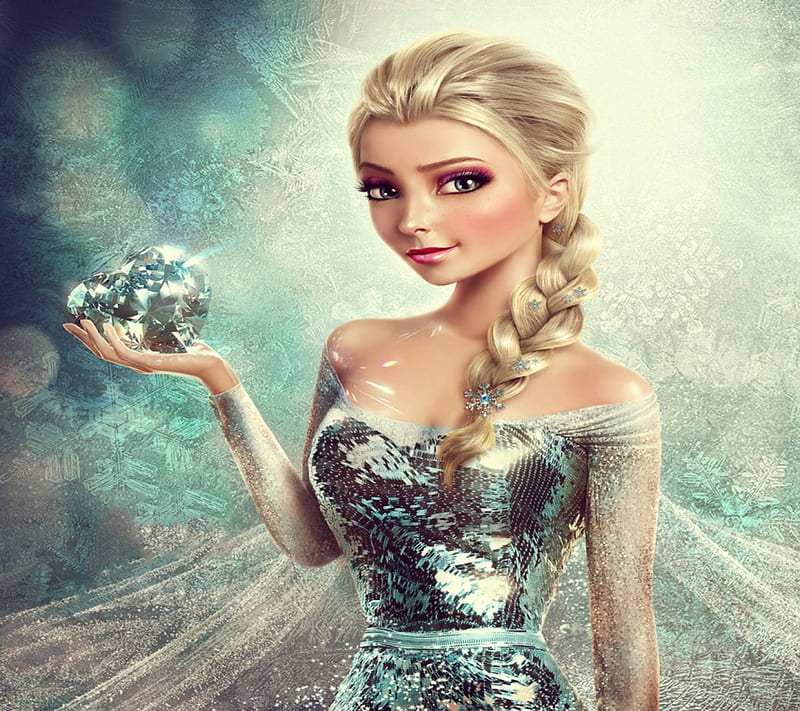 Elsa, pretty, dress, queen, bonito, woman, silver, sweet, 3D, anime, beauty, long hair, art, female, lovely, blonde hair, abstract, cute, girl, heart, snowflakes, ice, crystal, lady, white, HD wallpaper