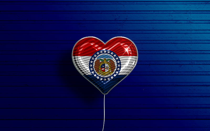 I Love Missouri, realistic balloons, blue wooden background, United States of America, Missouri flag heart, flag of Missouri, balloon with flag, American states, Love Missouri, USA, HD wallpaper