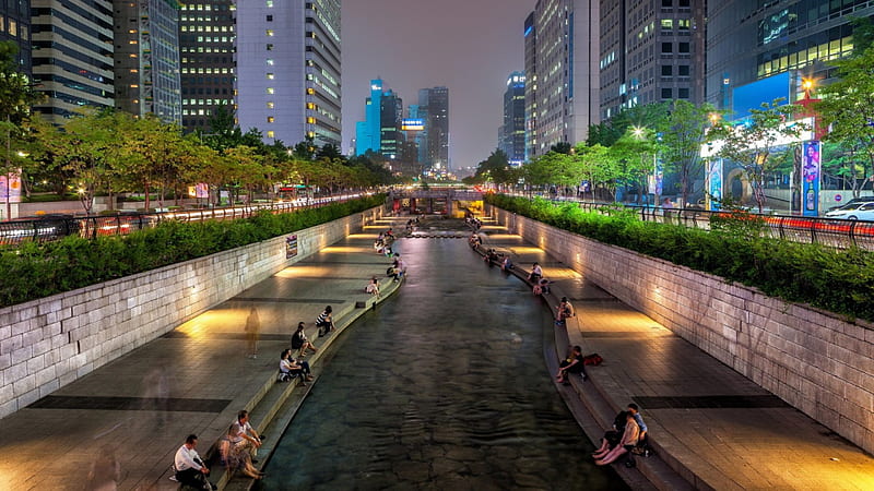 wonderful city canal in seoul south korea r, city, canal, people, r, trees, lights, night, embankment, HD wallpaper