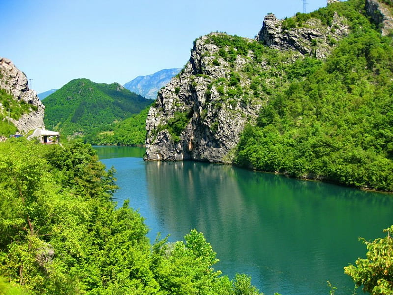 Neretva river, rocks, shore, lovely, view, place, bonito, sky, mountain, nice, water, river, reflection, HD wallpaper