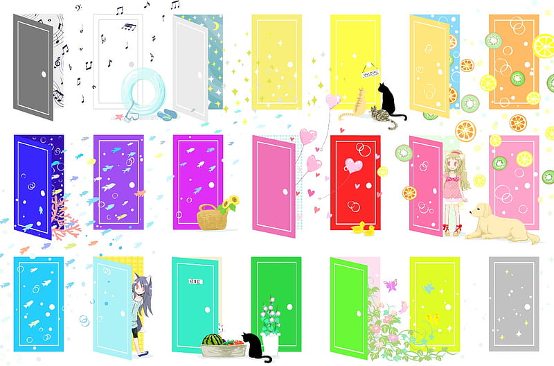 Doors, red, female, gray, colors, yellow, cat, door, green, purple, white, pink, dog, blue, HD wallpaper