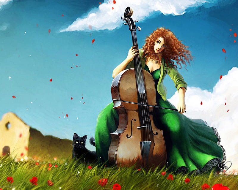 History Music, colorful, irish, music, bonito, red hair, cat, girl, green, air, beauty, color, nature, outdoor, HD wallpaper