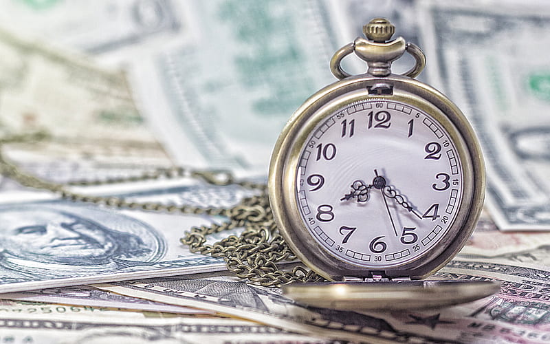 Time is money, old pocket watch on money, american dollars, money concepts, finance, business, HD wallpaper