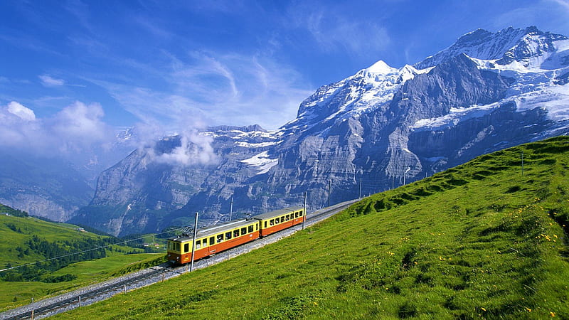Train going up a gorgeous alpine landscape, train, grass, mountains,  clouds, HD wallpaper | Peakpx