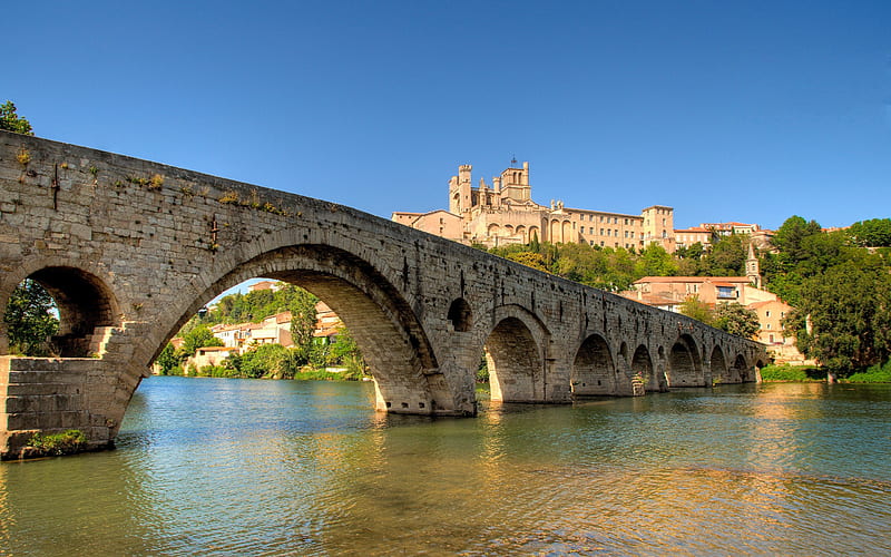 Beziers, The old bridge, Orb river, French city, spring, sunset, France, andmark, HD wallpaper