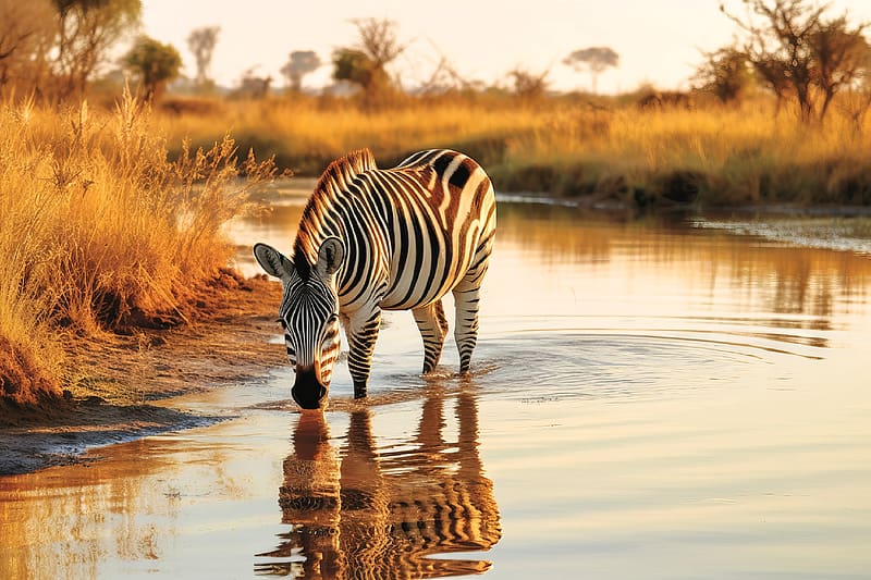 Zebra Reflection at the Water Hole, reflection, water, zebra, animals, HD wallpaper