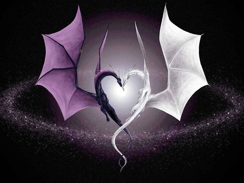 Heart by Dragons, wings, dragons love, black, dragons, cool, purple, dark, love, heart, white, HD wallpaper
