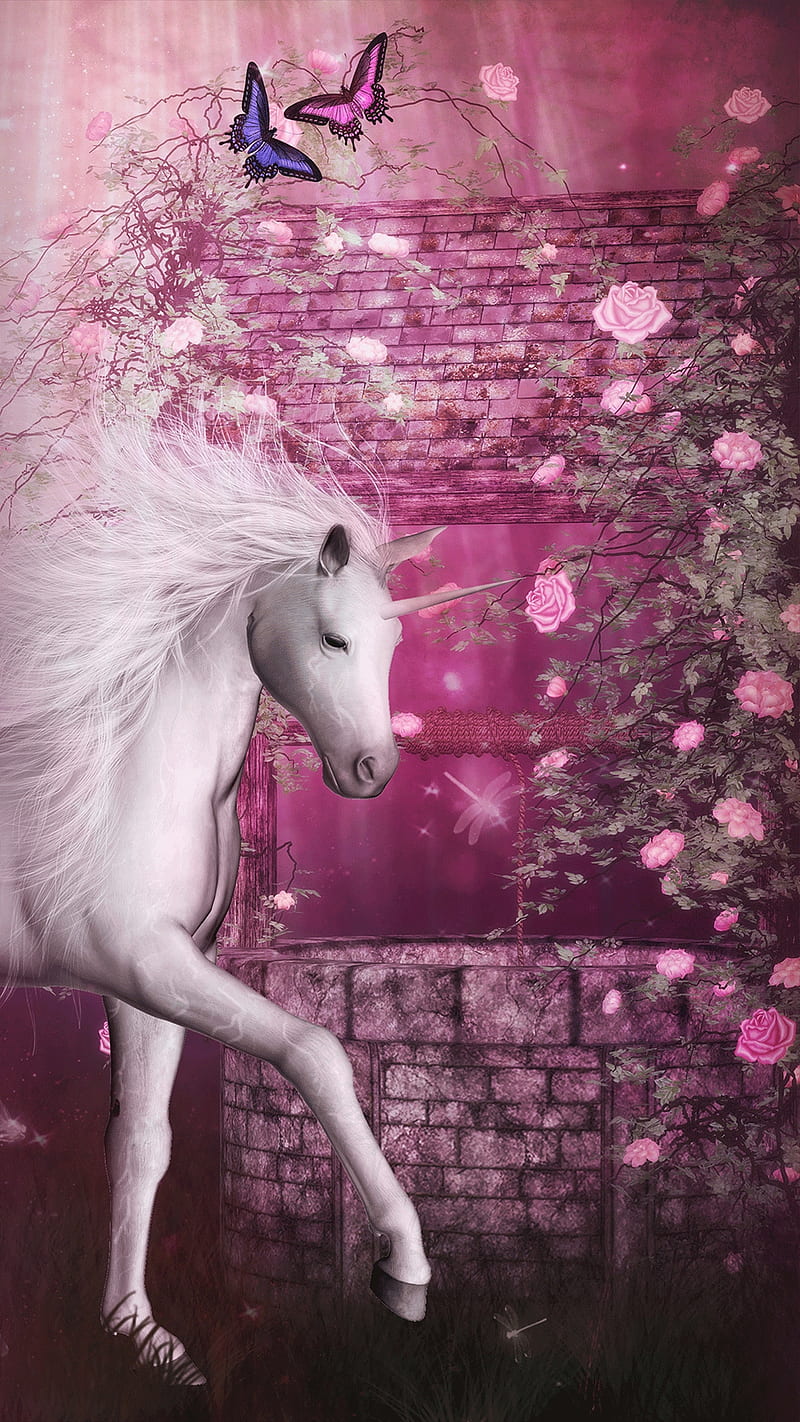 Unicorn Beauty, bonito, butterfly, pink, wishing well, HD phone wallpaper