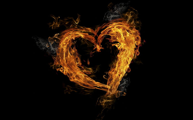 fiery heart, smoke, flaming heart, fire, flames, love concepts, HD wallpaper