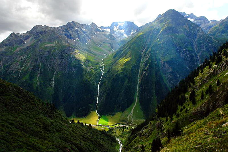 Mountain call, grass, trees, sky, mist, mountain, green, peaks, light ...